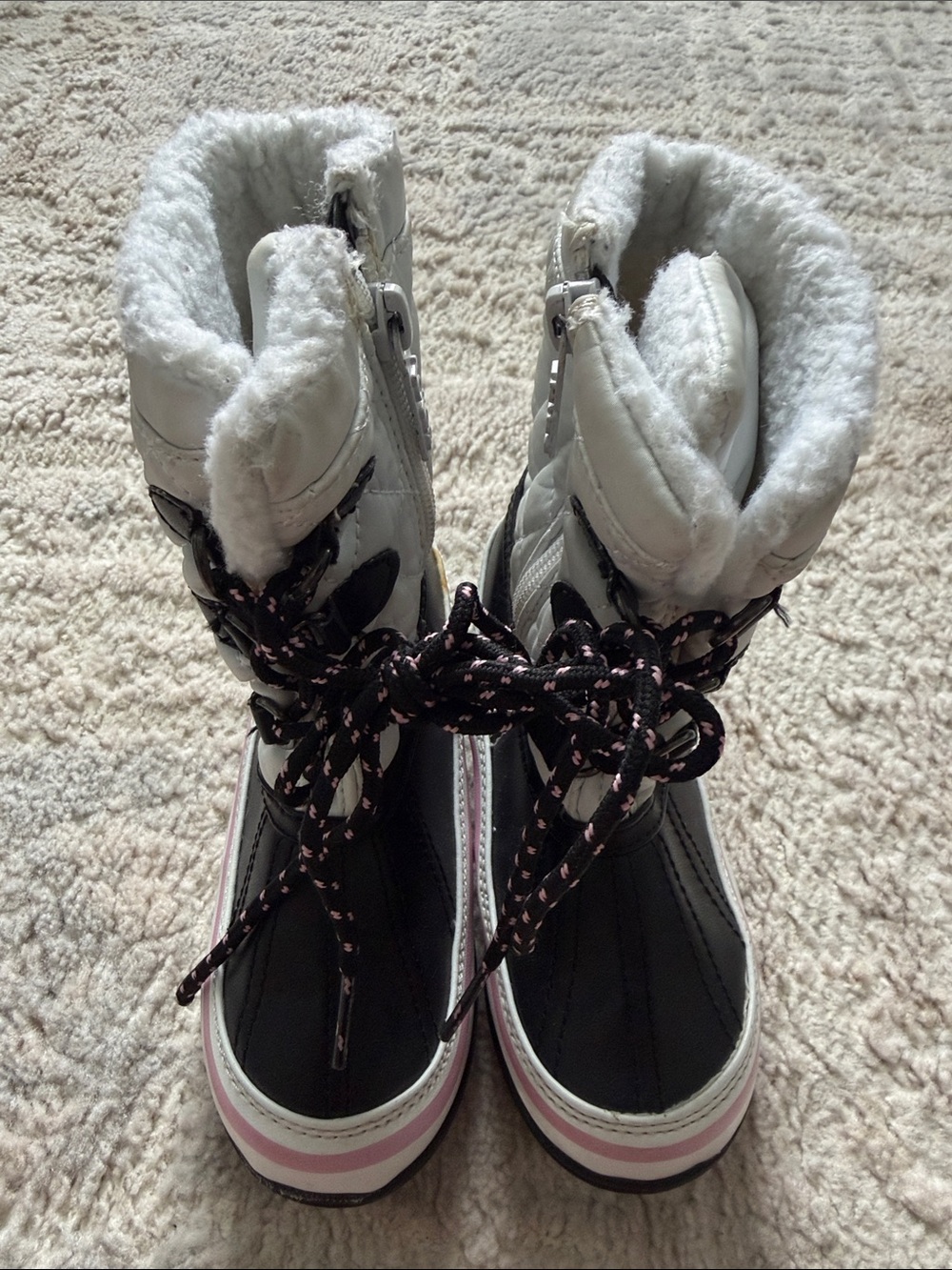 Totes Kids Black & White Winter Lace-Up Snow Boots with Pink Trim